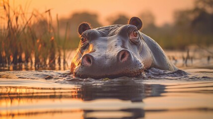 Sticker - AI generated illustration of A Hippopotamus residing in a shallow body of water