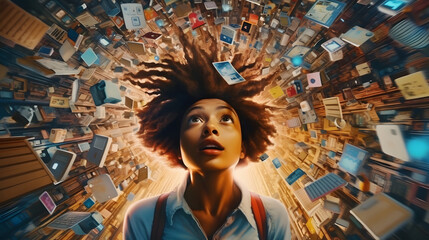 Wall Mural - overwhelming information data explode out of head of young human brain, too much media, too much inf