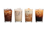 Multiple Glasses of Different types of Colorful Coffee Isolated on Transparent Background PNG.