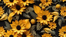 Seamless Pattern Featuring A 3D Illustration Of Sunflowers , Resembling A Paper Quill Pattern .  