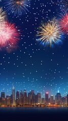 Happy New Year, Fireworks at city background. AI Generated.