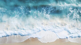 Fototapeta  - Aerial view with beach in wave of turquoise sea water shot, Top view of beautiful sand background
