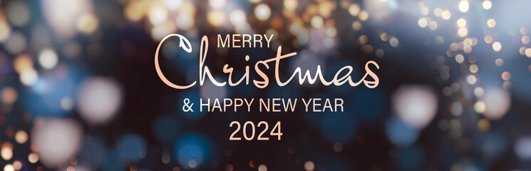 Wall Mural - Christmas Card- Merry Christmas and Happy New Year 2024 - beautiful decoration with festive bokeh lights -  background banner, header, xmas greetings