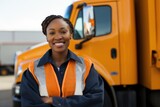 Fototapeta  - Portrait of a smiling female truck driver in the parking lot