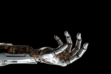 Canvas Print - Robotic digital hand on dark background with copy space. Neural network connection. Communication with artificial intelligence
