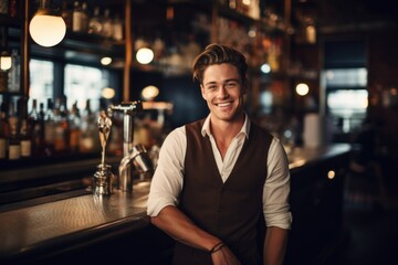 Wall Mural - Portrait of a smiling young waiter in a bar