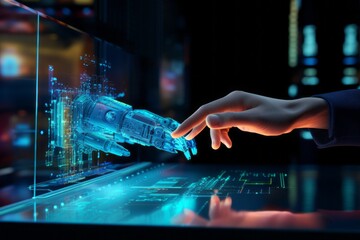Wall Mural - futuristic abstract image of human hand touching an information digital environment. hand permeated 