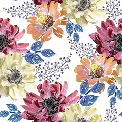  Seamless chic vintage floral pattern. Yellow, coral, burgundy flowers on a white background.
