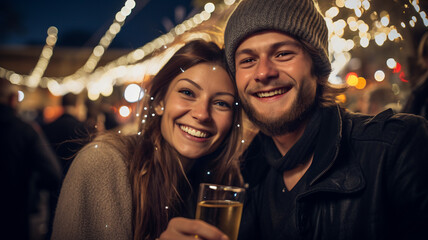 Happy couple celebrating together, smiling, New Year's Eve, christmas, birthday and wedding, holding a glass of champagne, fireworks, couple drinking at a party, happiness, man and woman together