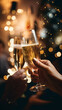 Two hands with  glasses of champagne cheering, celebrating new year's eve, toast, cheering, wedding and birthday, special event, celebrating together, party, anniversary, sparkling wine, 2024, 2025, 