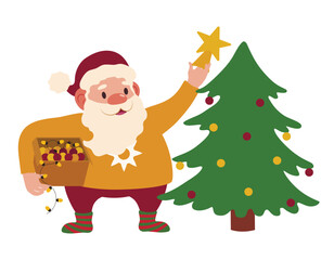 Funny Santa Claus decorating Christmas tree on white background