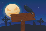 Fototapeta Dinusie - Empty board and crow in scary cemetery. Halloween celebration