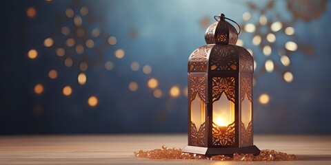 Celebration of islamic eid mubarak and eid al adha lantern in a light background.