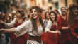 Roman Citizens Dancing Joyously in the Streets During Festive Saturnalia, The Roman Origins of Christmas, with copy space, blurred background