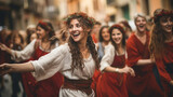 Fototapeta  - Roman Citizens Dancing Joyously in the Streets During Festive Saturnalia, The Roman Origins of Christmas, with copy space, blurred background
