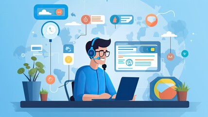 Wall Mural - Visualize a user contacting an IT helpdesk via phone or chat for troubleshooting assistance, emphasizing the responsive and helpful nature of IT support