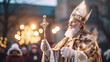 Saint Nicholas Visiting Children at a Local School, the Three Kings’ Day, Saint Nicholas Day, with copy space, blurred background