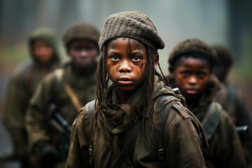 Child soldier, black african boy with dreadlocks in a group with other children, military army clothes and guns