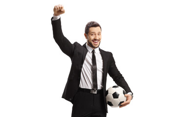 Sticker - Man in a black suit holding a soccer ball and gesturing happiness