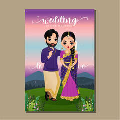 Sticker -  Wedding invitation card the bride and groom cute couple in traditional indian dress cartoon character