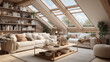 Scandinavian home interior design of modern living room in attic with big windows Bookshelf and lining ceiling 