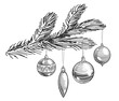 Merry Christmas and Happy New Year. Decoration balls on fir tree branch. Hand drawn illustration in sketch style