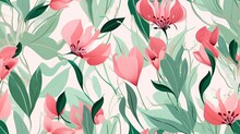  A Floral Pattern With Pink Flowers And Green Leaves On A White Background.  Generative Ai