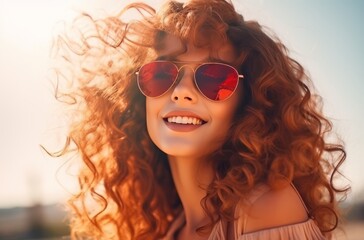 Girl with curly long hair wearing heart-shaped sunglasses enjoys summer