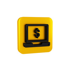 Canvas Print - Black Laptop with dollar icon isolated on transparent background. Sending money around the world, money transfer, online banking, financial transaction. Yellow square button.