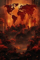 Aufkleber - An apocalyptic portrayal of lychees burning relentlessly across the world map, invoking a sense of urgency and concern for the planet's future.