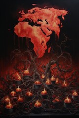 Aufkleber - An apocalyptic portrayal of lychees burning relentlessly across the world map, invoking a sense of urgency and concern for the planet's future.