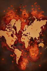 Aufkleber - An imaginative image featuring a world map with the continents replaced by giant lychees engulfed in flames, symbolizing the global impact of a fictional lychee fire epidemic.