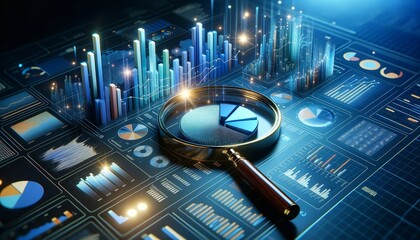 Magnifying glass placed on top of a futuristic digital interface, bar graphs, pie charts, and digitized figures