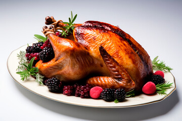 Wall Mural - Traditional thanksgiving dinner with roasted turkey isolated on white background