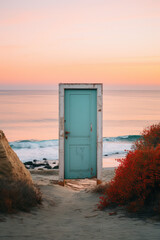 portal door frame free standing in the middle of nowhere in pastel landscape nature fantasy concept surreal  in magazine cover editorial textured film look