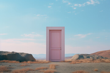 portal door frame free standing in the middle of nowhere in pastel landscape nature fantasy concept surreal  in magazine cover editorial textured film look