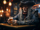 A pirate raises his beer in a salute to his life of piracy