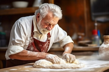 An elderly male baker prepares dough for bread in the kitchen. Kneads dough for baking. Homemade bread production. Fresh bakery. Private production.