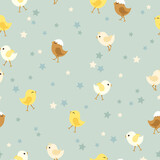 Fototapeta Pokój dzieciecy - Seamless pattern with cute funny Easter chickens and star illustration for greeting card, invitation, wrapping paper, holiday design