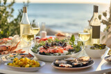 Seacuterie - Table spread with various marine delicacies, complemented by fresh herbs and wines - AI Generated