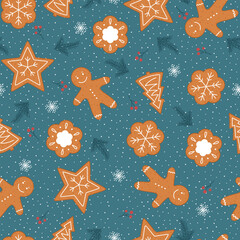 Wall Mural - Gingerbread christmas cookie seamless vector pattern. Gingerbread, pine twigs, berry and snowflakes