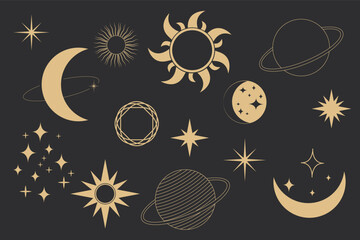 Wall Mural - set golden celestial frames, borders, arch line art esoteric minimal decoration with sparkles isolat