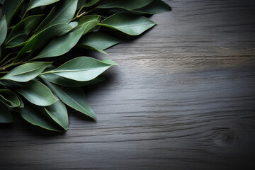 Wall Mural - Fresh bay leaves on a grey wooden background