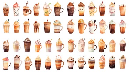 Wall Mural - watercolor style illustration of glass of cold coffee with whipped cream, collection set, Generative Ai	