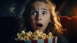 The frightened face of a girl watching a horror movie. Holding popcorn