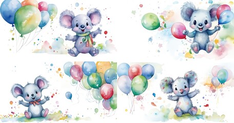Wall Mural - watercolor style cartoon illustration, koala bear with balloon bouquet floating,  on white background, collection set, Generative Ai