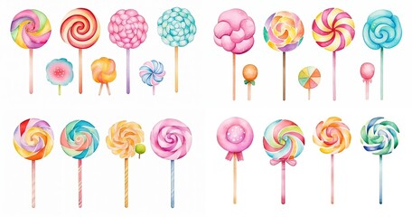Wall Mural - watercolor painting style illustration of cute cartoon lollipop candy collection set, isolated on white background, Generative Ai