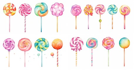 Wall Mural - watercolor painting style illustration of cute cartoon lollipop candy collection set, isolated on white background, Generative Ai