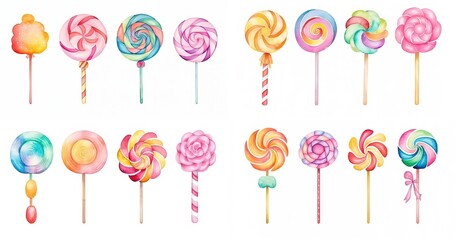 Wall Mural - watercolor painting style illustration of cute cartoon lollipop candy collection set, isolated on white background, Generative Ai