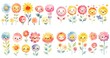 watercolor illustration of flower and sunflower tree with kawaii smile face, collection set, generative Ai